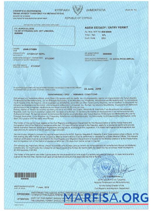 Printable Cyprus student visa example